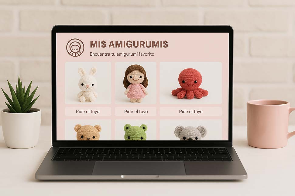 Catálogo digital de productos artesanos Portátil abierto sobre una mesa, mostrando un catálogo digital de amigurumis.